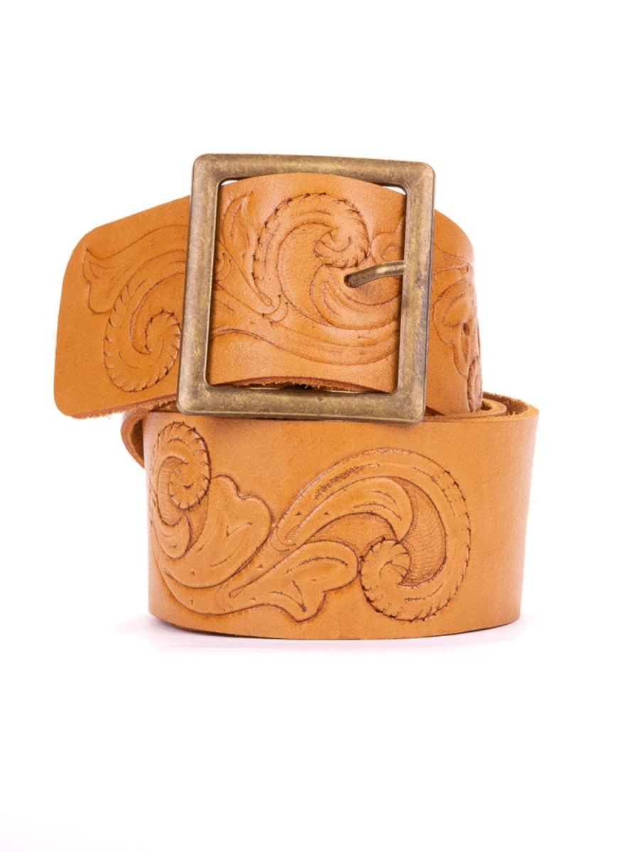 Accessories Taboo | Scroll Hand Tooled Belt Wide Bronze T-Bar Buckle