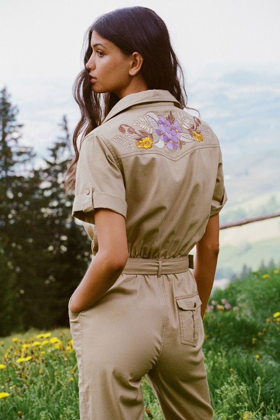 Clothing & Accessories Spell | Spell-Foxglove Embroidered Boilersuit-Khaki